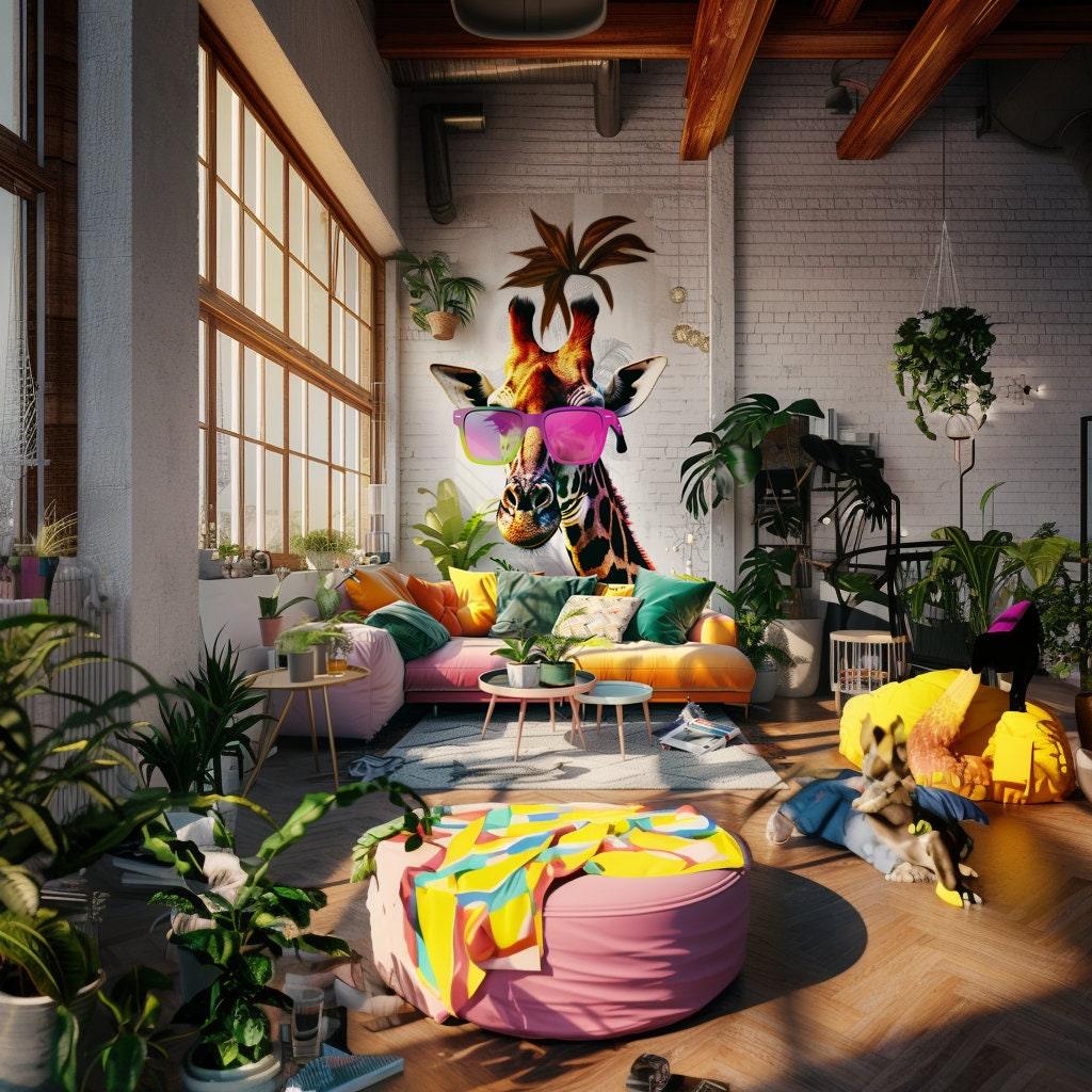 Colorful giraffe wall sticker with pink sunglasses in a vibrant living room filled with plants and colorful decor.