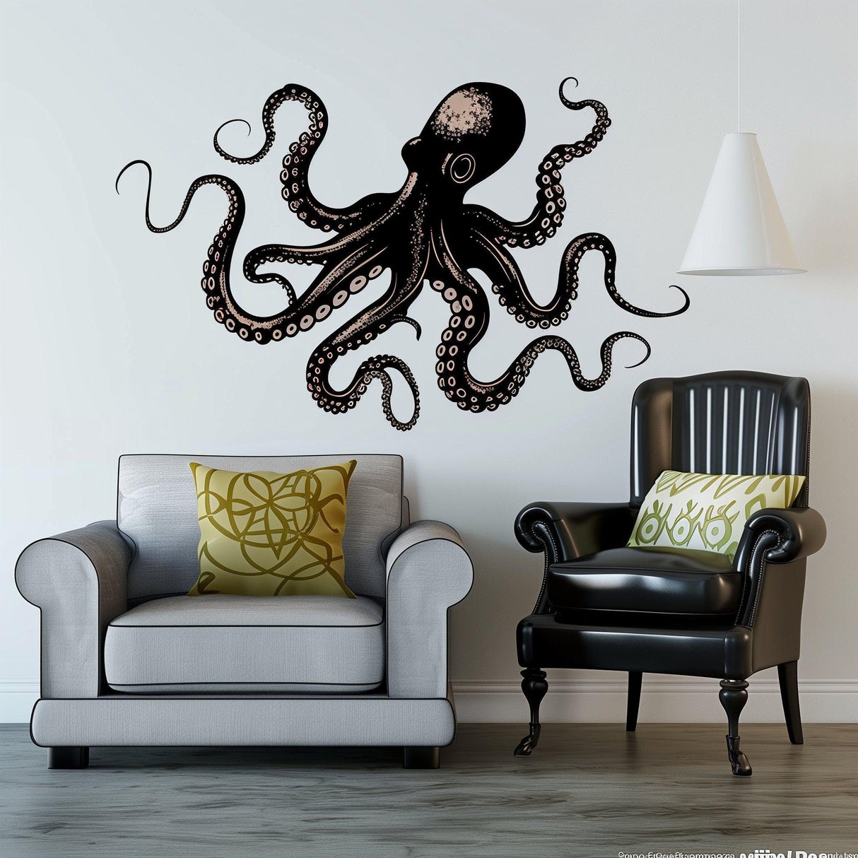 Elegant black octopus wall sticker decal in a stylish living room with modern furniture.
