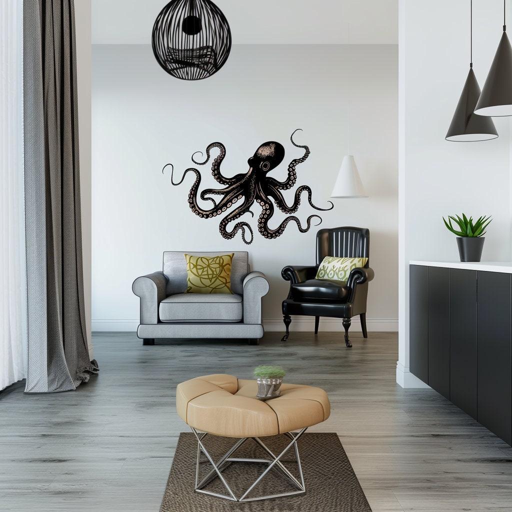 Elegant black octopus wall sticker decal in modern living room decor, enhancing ocean-themed aesthetics.