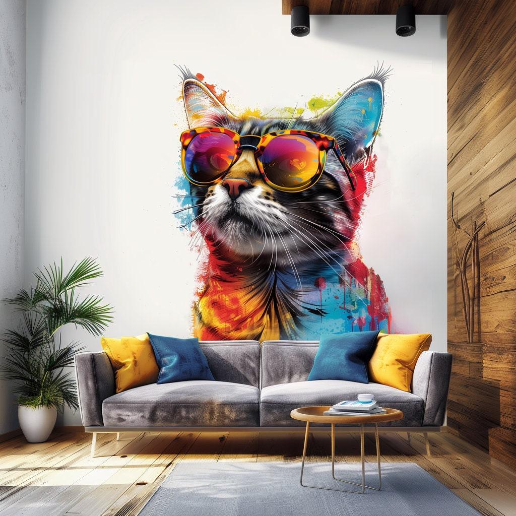 Colorful Maine Coon cat wall sticker with sunglasses in modern living room decor.