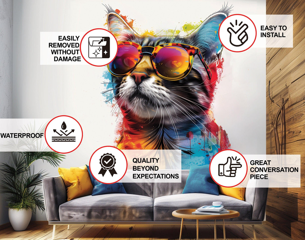 Vibrant Maine Coon cat wall sticker with sunglasses in modern living room decor, highlighting product features.
