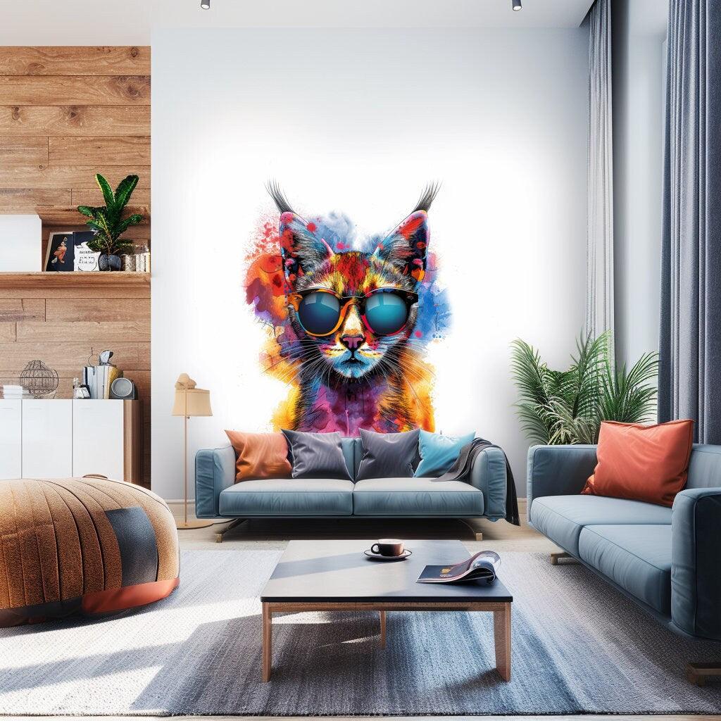 Vibrant Maine Coon cat wall sticker with sunglasses in modern living room decor, colorful and artistic design.
