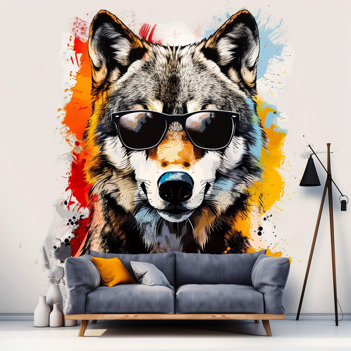 Colorful wolf wall sticker decal wearing sunglasses, adding modern art flair to any living room decor.