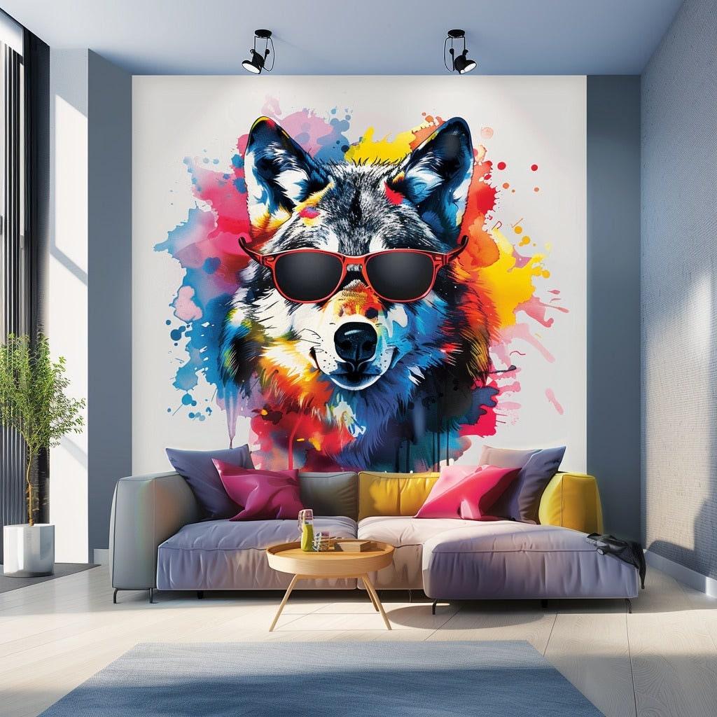 Vibrant Watercolor Wolf Wall Sticker with Sunglasses in a modern living room, adding unique decor.