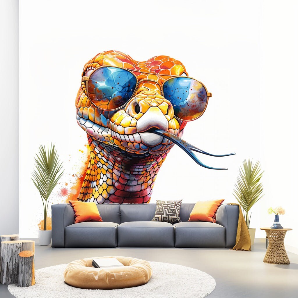 Vibrant Watercolor Orange Snake Sticker Decals with Glasses - Easy-to-Apply & Repositionable Room Decor