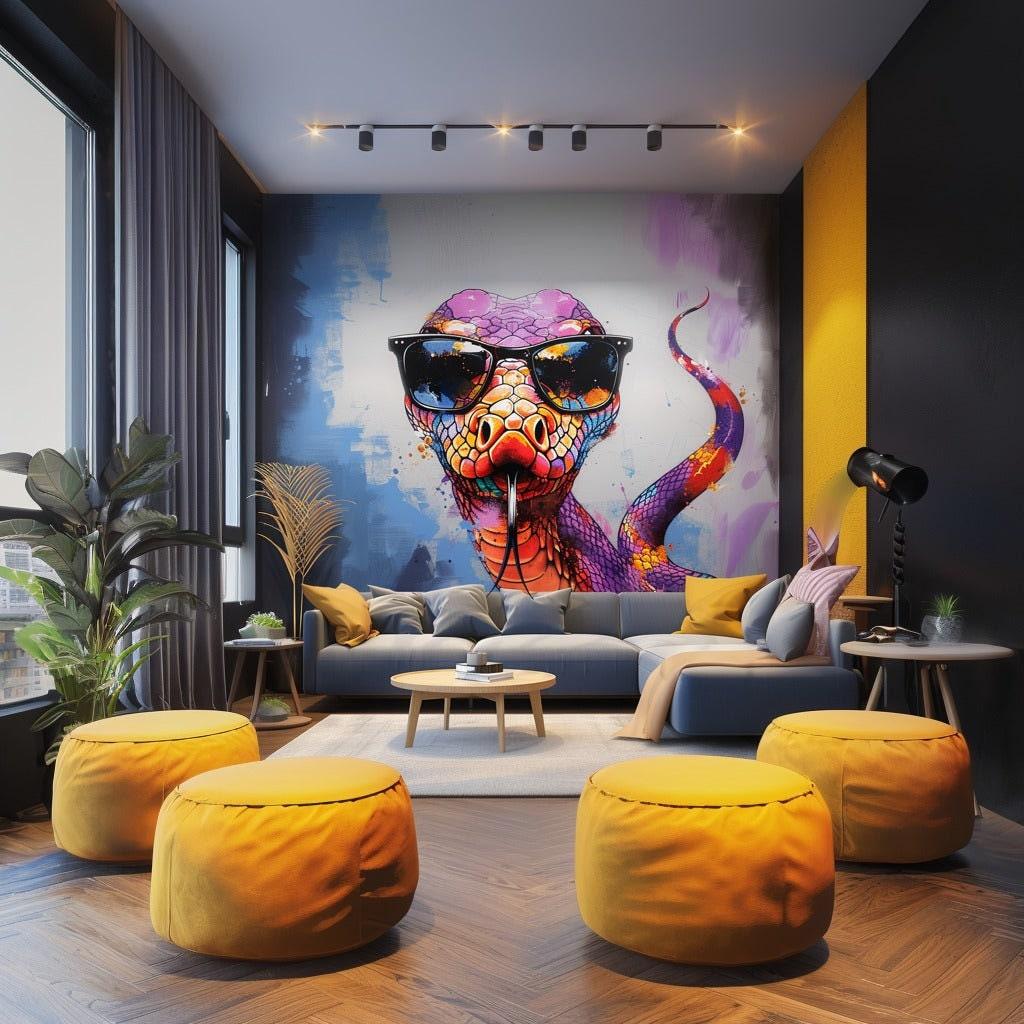 Vibrant purple snake with glasses wall decal in modern living room decor, featuring bold colors and stylish furnishings.