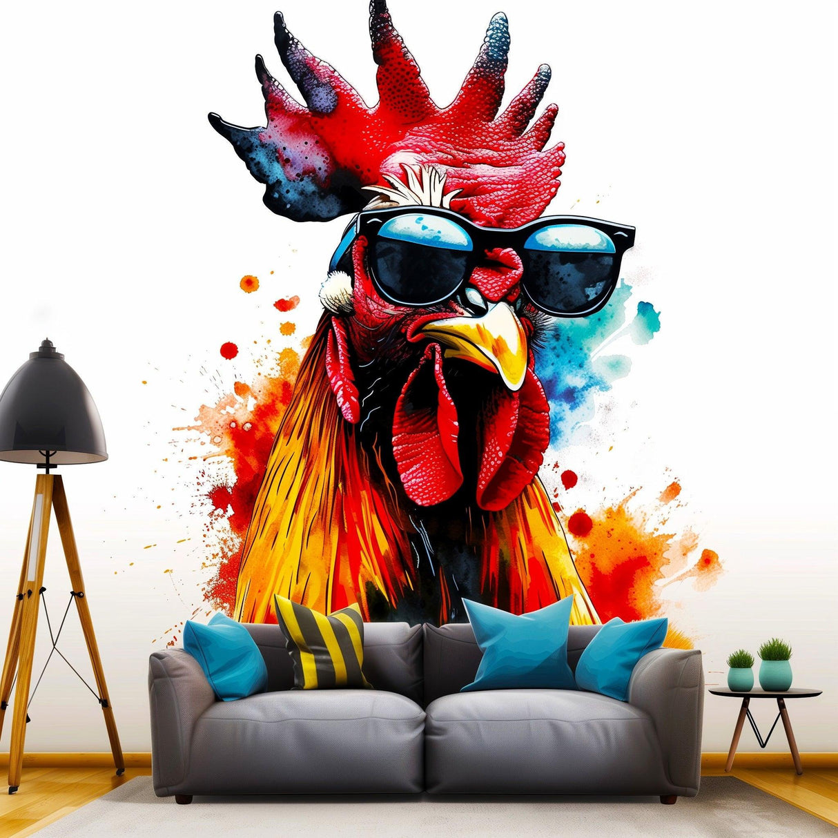 Colorful poultry wall sticker of a rooster wearing sunglasses, adding modern decor to a stylish living room.