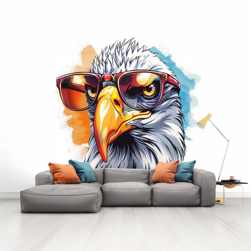 Vibrant watercolor bald eagle with glasses wall decal above a modern couch, adding color and personality to the room.