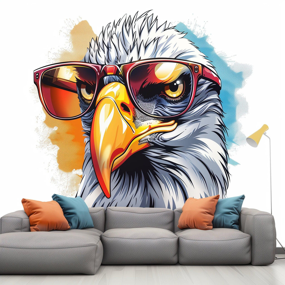 Vibrant watercolor bald eagle wearing sunglasses wall decal above a stylish sofa in a modern living room.