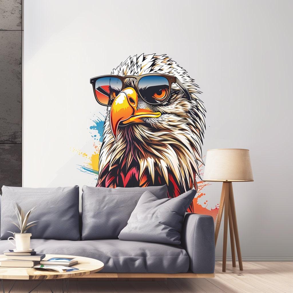 Bald Eagle with sunglasses wall decal in vibrant colors, adding style to a modern living room.