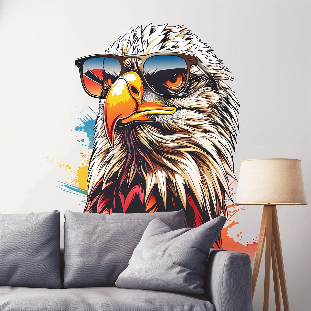 Bald Eagle wall decal with sunglasses, vibrant watercolor design enhancing home decor with patriotic flair.