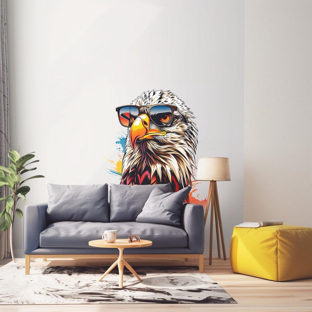 Bald Eagle with sunglasses wall decal in a stylish living room, showcasing vibrant watercolor art and modern decor.