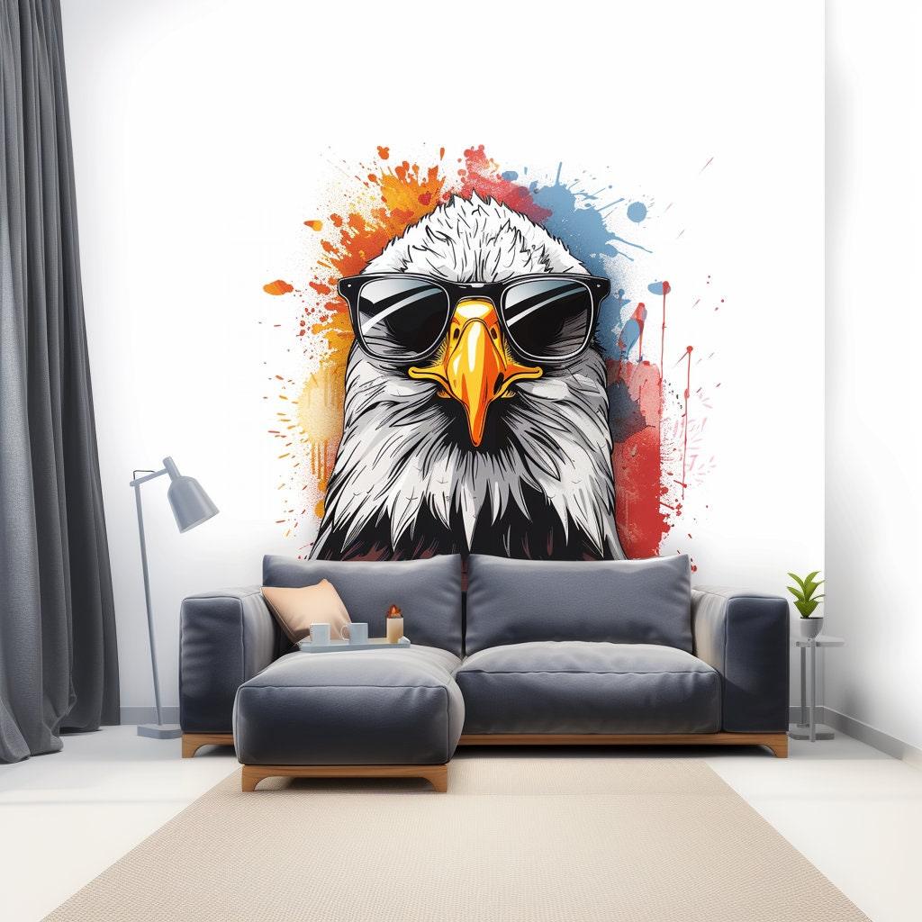 Serious bald eagle with sunglasses wall sticker in modern living room decor