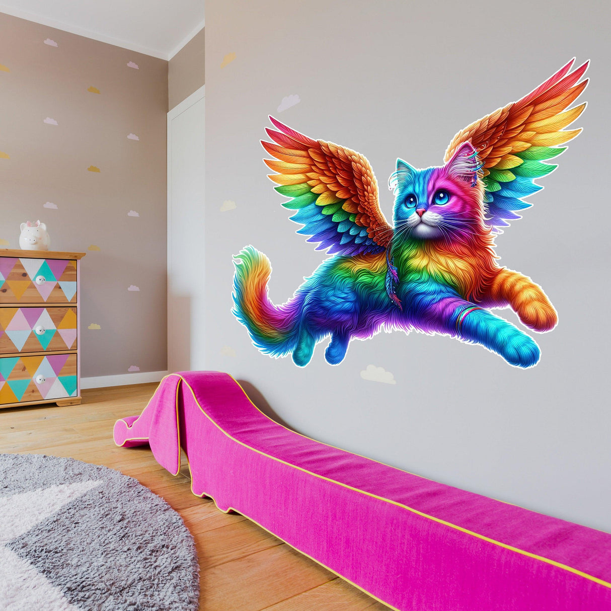 Vibrant rainbow flying cat wall sticker, colorful decor for kids' nurseries and playrooms.