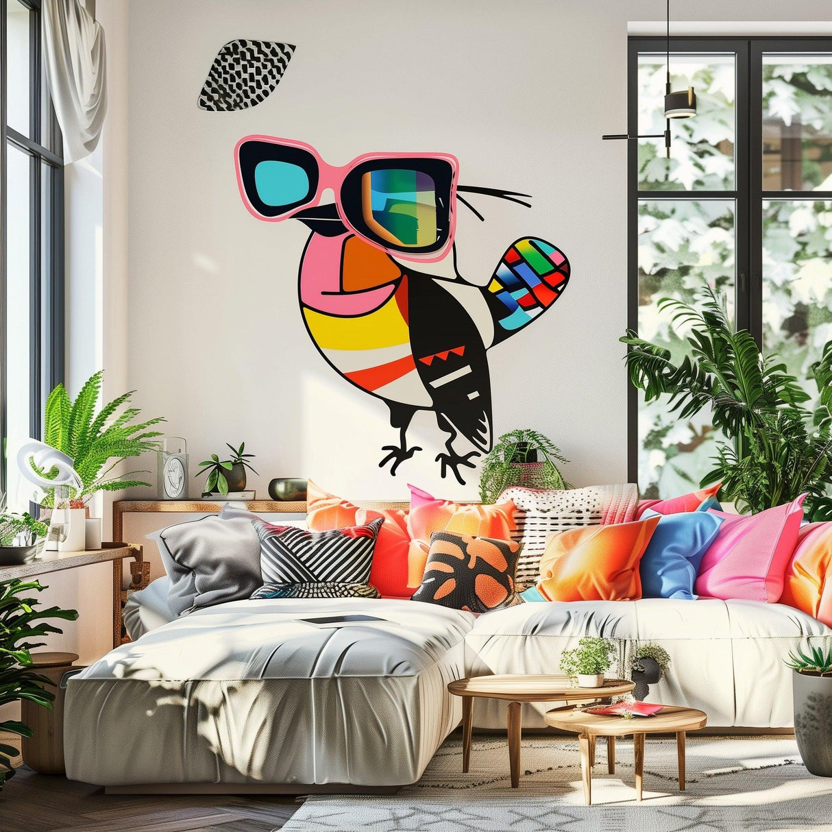 Colorful Downy Woodpecker wall sticker in glasses, vibrant room decor for bird lovers.