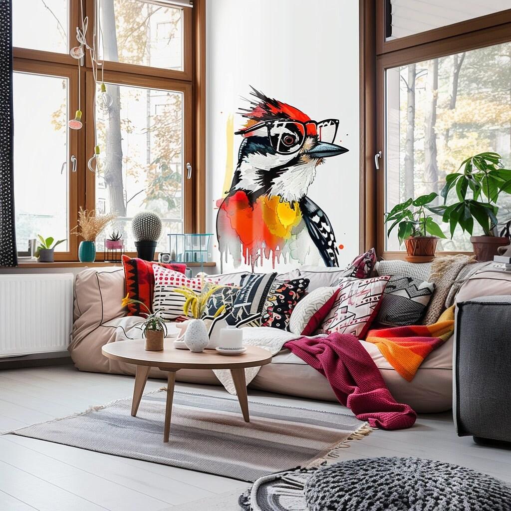 Whimsical Downy Woodpecker in glasses watercolor art sticker over cozy living room decor.
