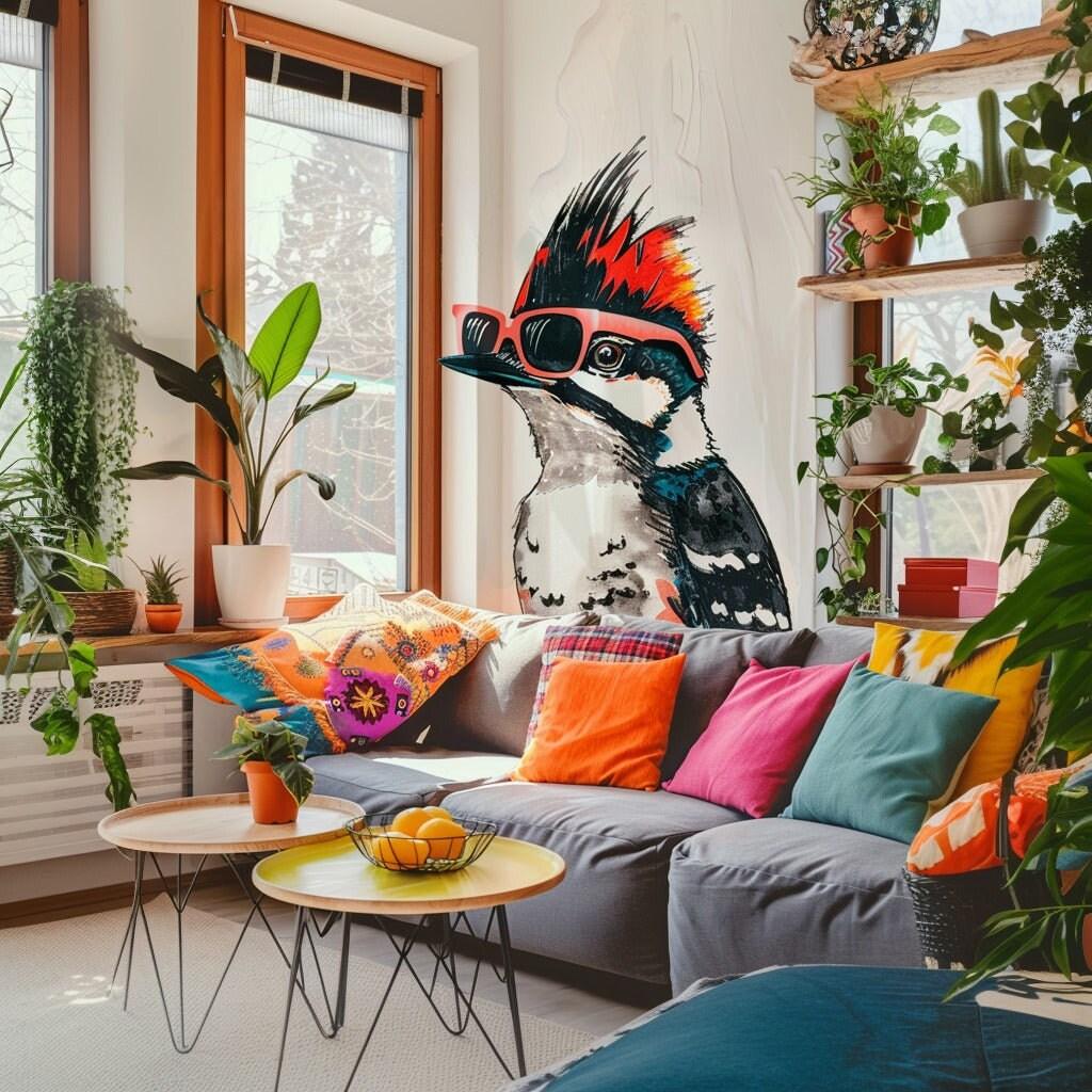 Colorful Downy Woodpecker wall sticker in glasses, brightening a cozy living space with vibrant decor accents.