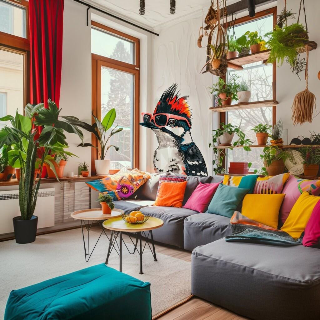 Colorful Downy Woodpecker wall sticker in retro glasses decorates a cozy living room filled with plants and vibrant cushions.