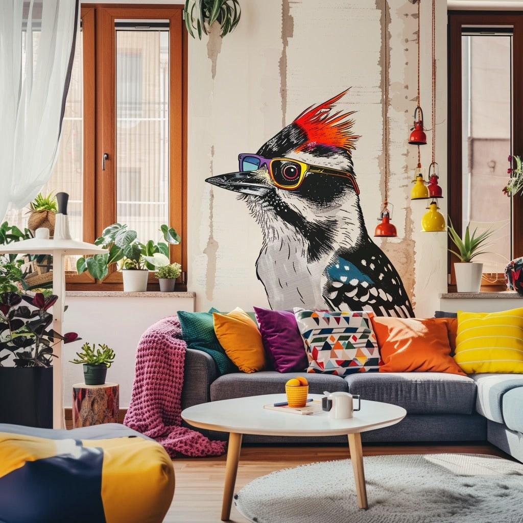 Colorful Downy Woodpecker wearing glasses wall sticker in vibrant living room decor with plants and bright cushions.