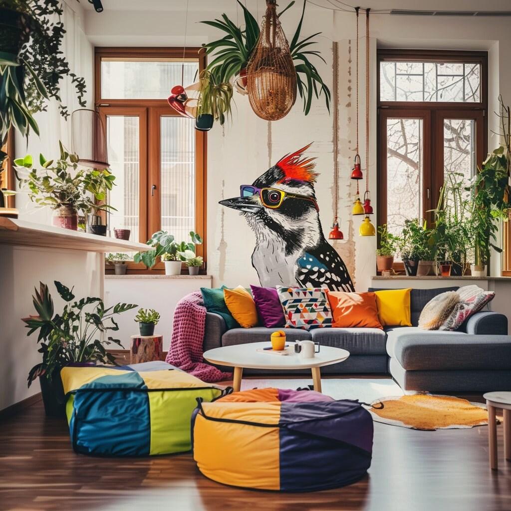 Colorful Downy Woodpecker wall sticker in stylish living room with bright decor and plants.