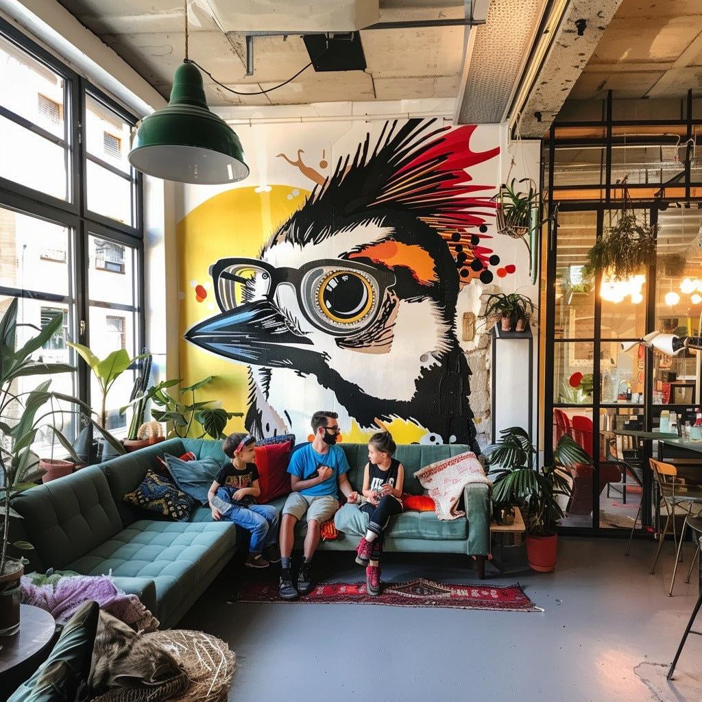 Huge Downy Woodpecker wall mural in glasses with kids sitting on a couch in a stylish living room.