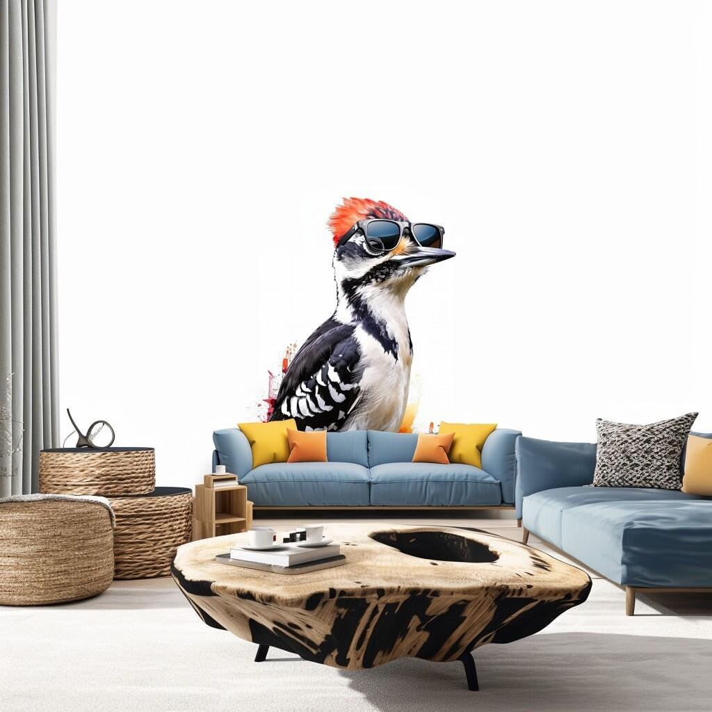 Downy Woodpecker bird in glasses wall sticker decal in modern living room decor, perfect for nature lovers.