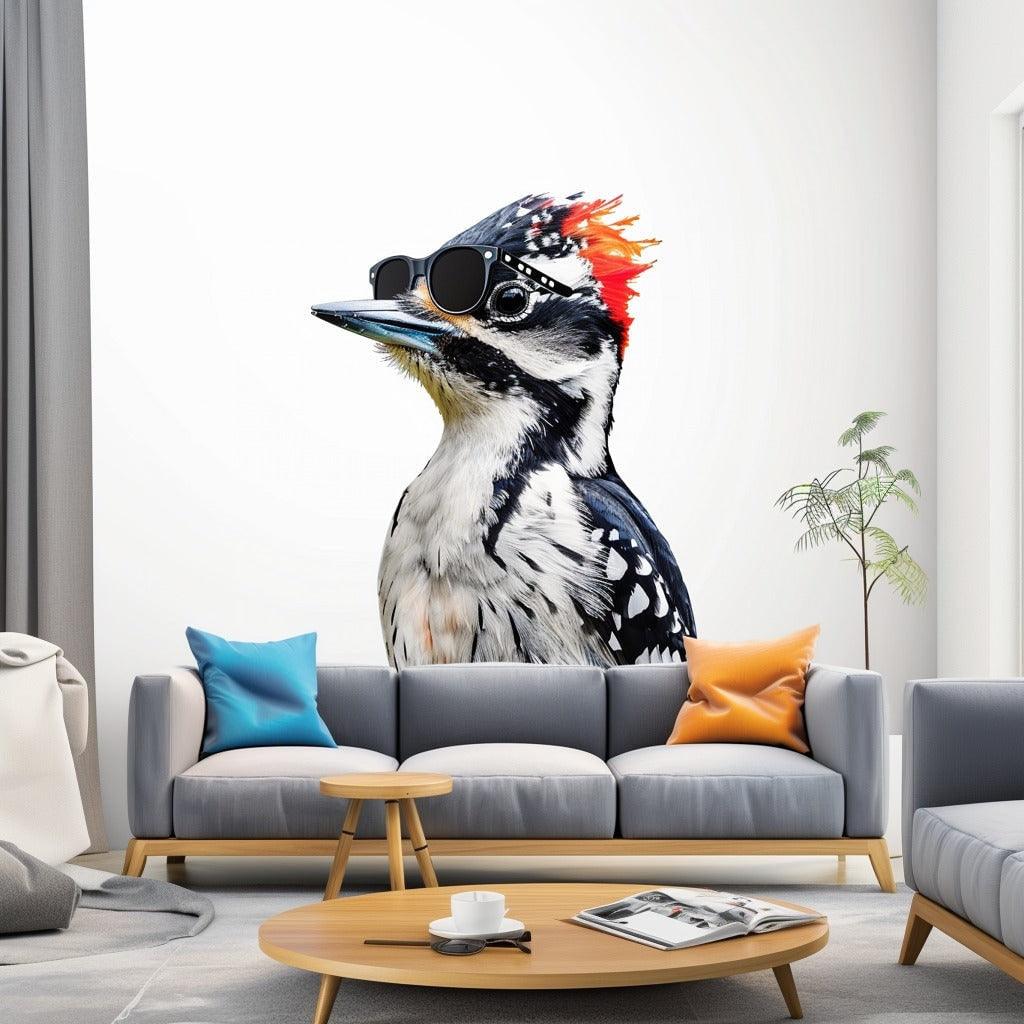 Downy Woodpecker bird in glasses wall sticker in modern living room decor, adding whimsy and charm.