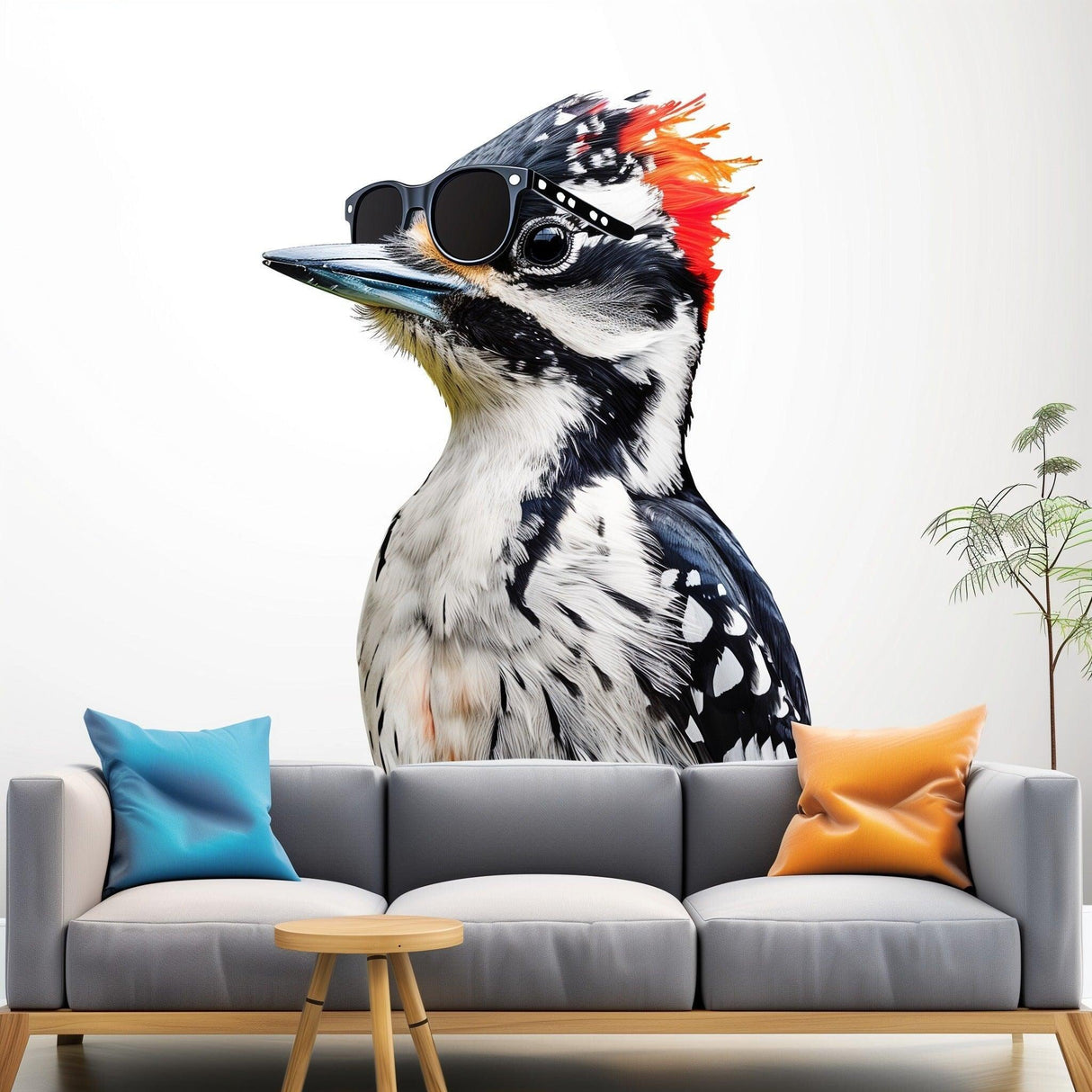 Downy Woodpecker bird wearing sunglasses wall sticker decor for kids' rooms and nature lovers.