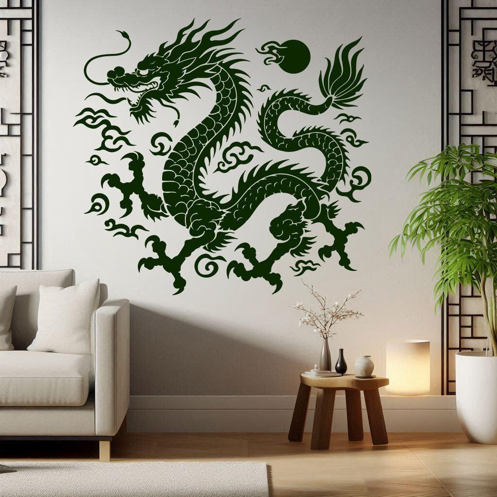 Intricate Chinese dragon wall decal sticker in a stylish living room, showcasing Asian mythical creature decor.