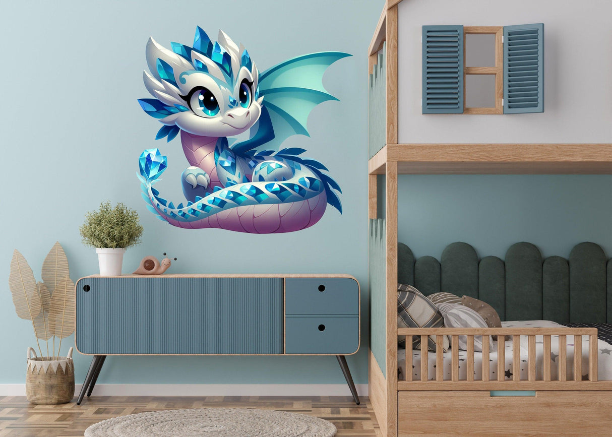 Cute baby dragon wall decal in a colorful child's room, adding magic and whimsy to the space.