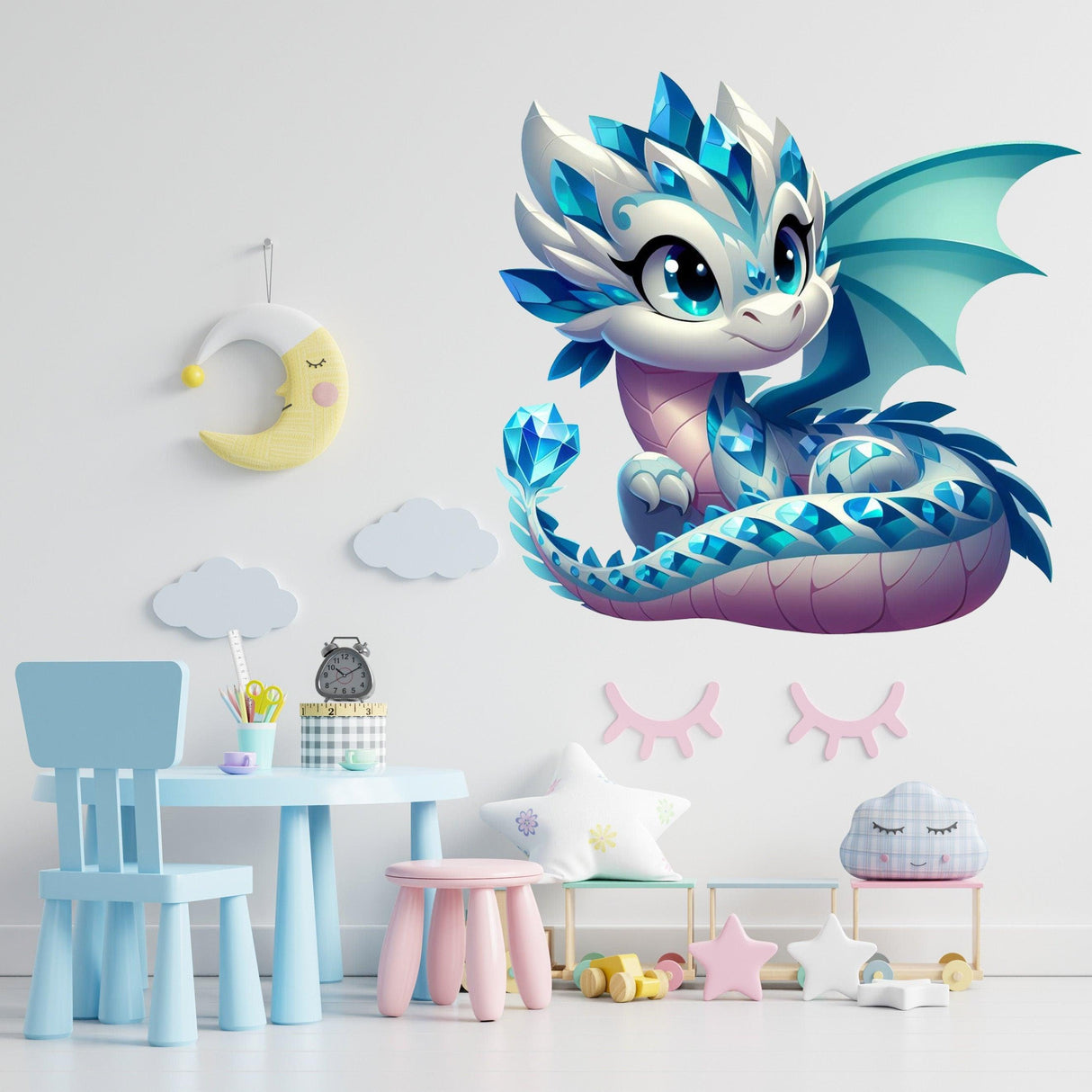 Colorful baby dragon wall decal in a whimsical child's room with playful decor and furniture.