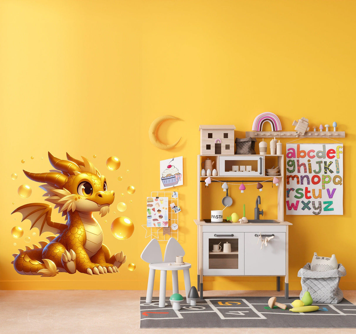 Golden Baby Dragon wall decal sticker in a bright kids room, adding whimsical charm and magic to the decor.
