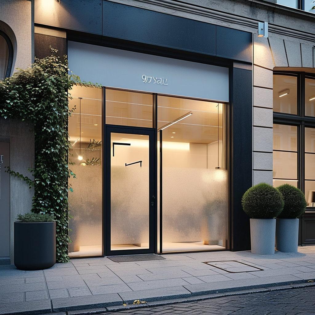 Frosted glass decal on a storefront door with modern design and greenery outside.