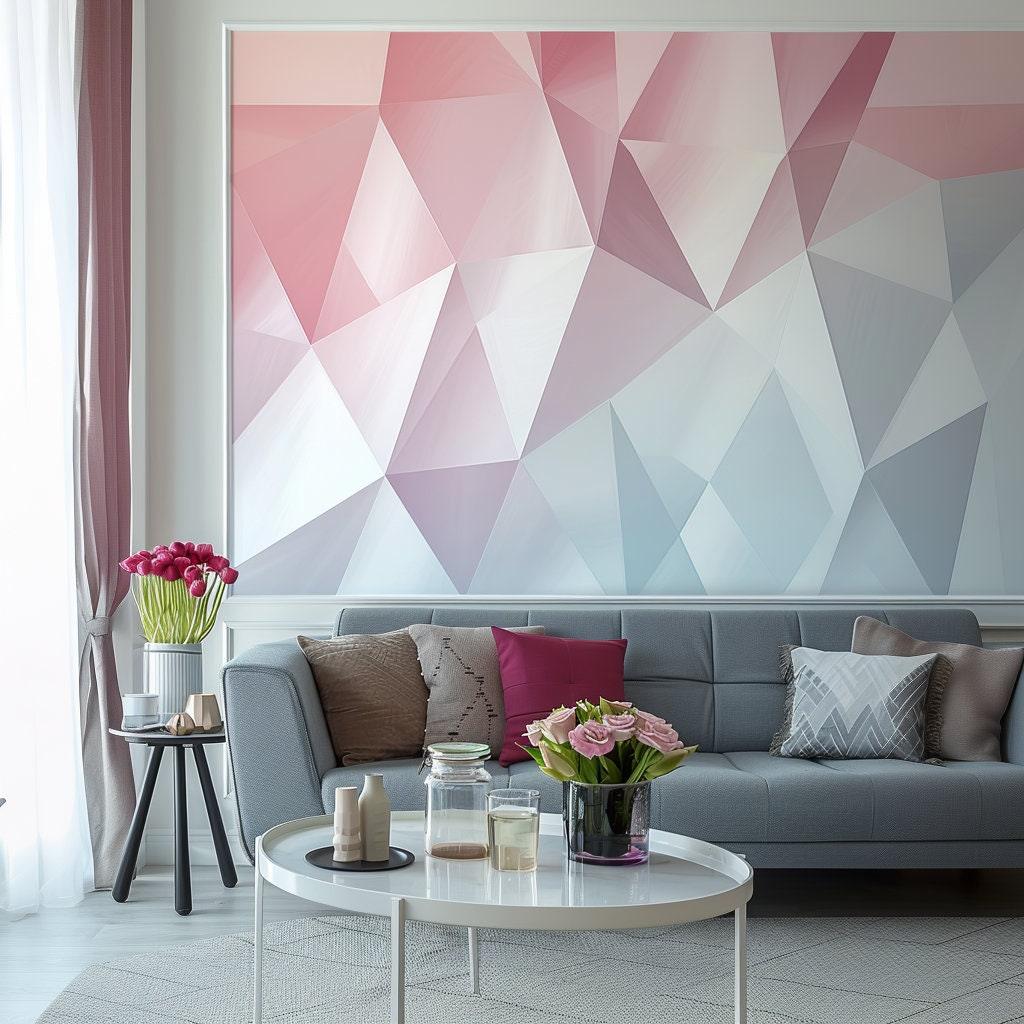 Pastel geometric wall sticker in a modern living room with pink and blue tones, enhancing the decor with elegance.