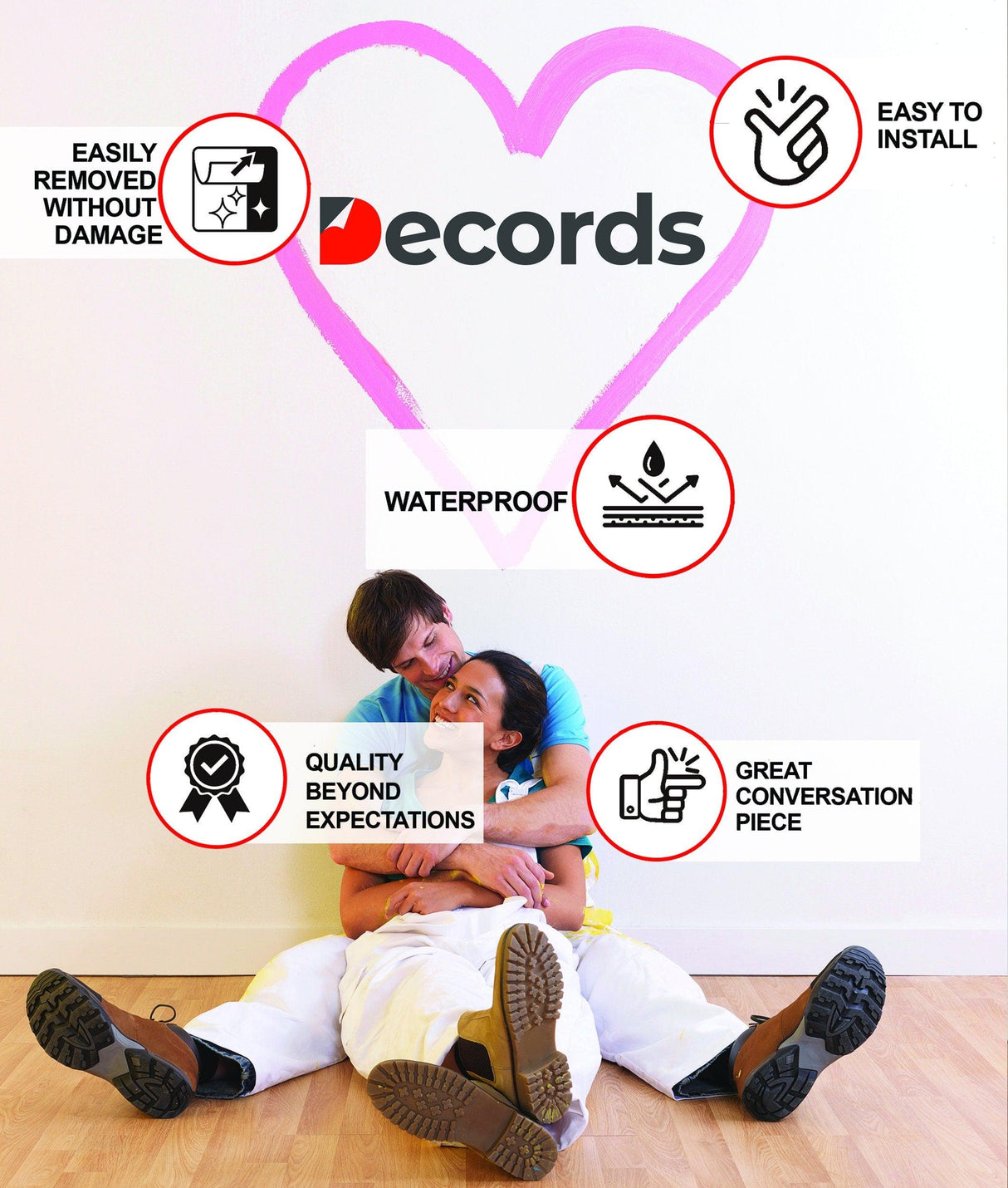 Couple sitting on the floor next to easy-to-install, waterproof wall stickers with benefits highlighted.