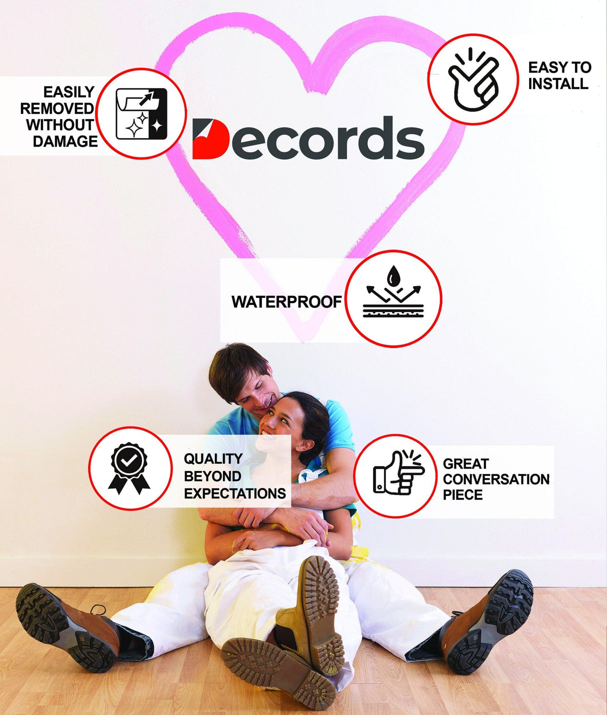 Colorful wall decal featuring couple sitting on floor with installation benefits highlighted like waterproof and easy removal.