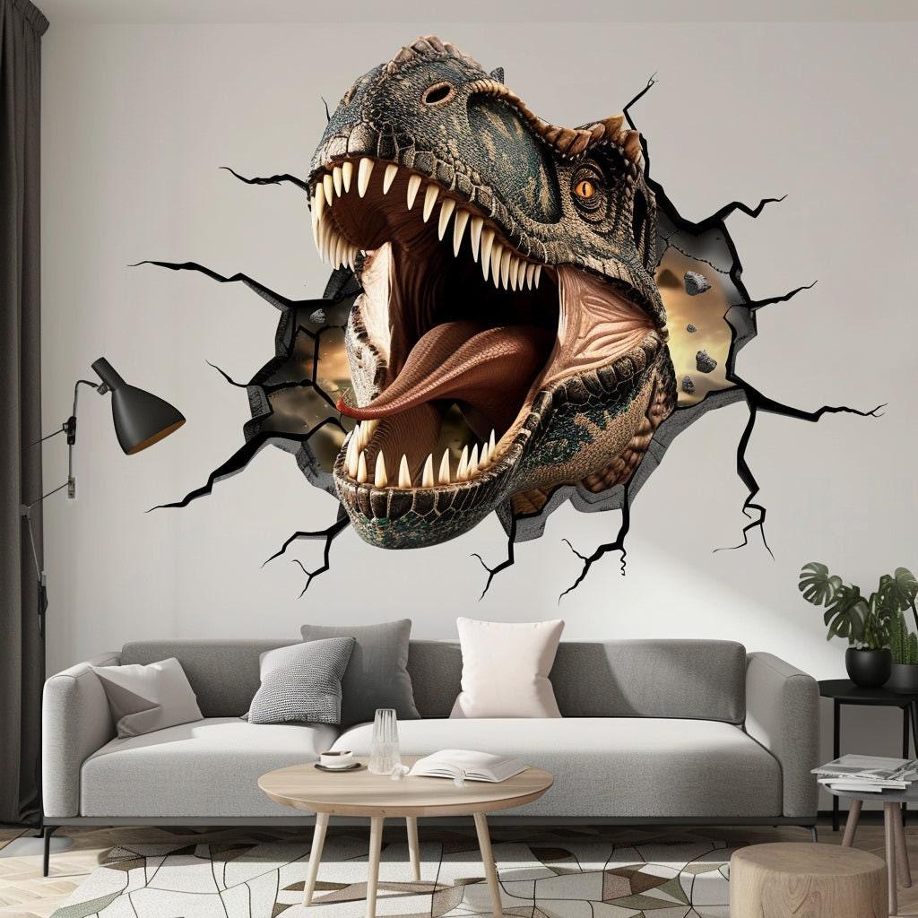 3D roaring dinosaur wall decal breaking through the wall in a modern living room decor.