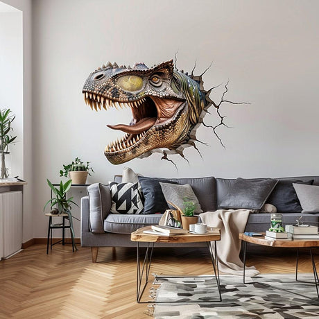 3D Carnotaurus head wall decal bursting through a wall, adding a playful dinosaur theme to a modern living room.