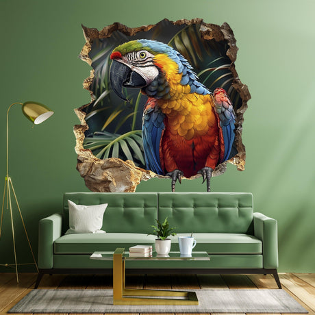 Vibrant 3D Macaw Parrot wall decal featuring colorful tropical bird design on a green wall with modern couch.