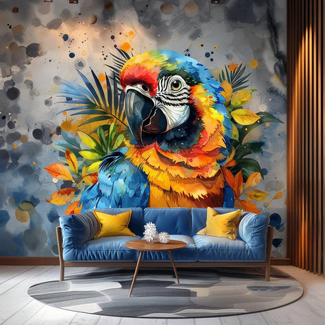 Vibrant watercolor macaw parrot wall decal sticker in a modern living room setting with colorful decor.