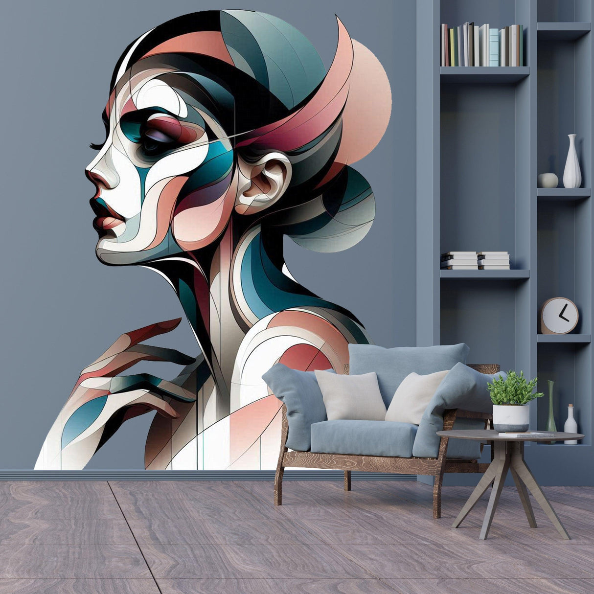 Abstract woman art deco wall decal featuring a modern geometric female profile design in a stylish living space.