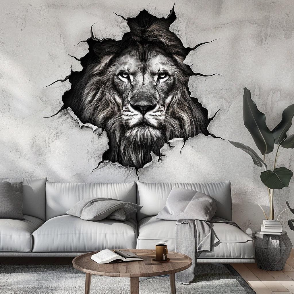 3D lion head wall decal breaking through wall in modern living room, adding elegance and strength to decor.