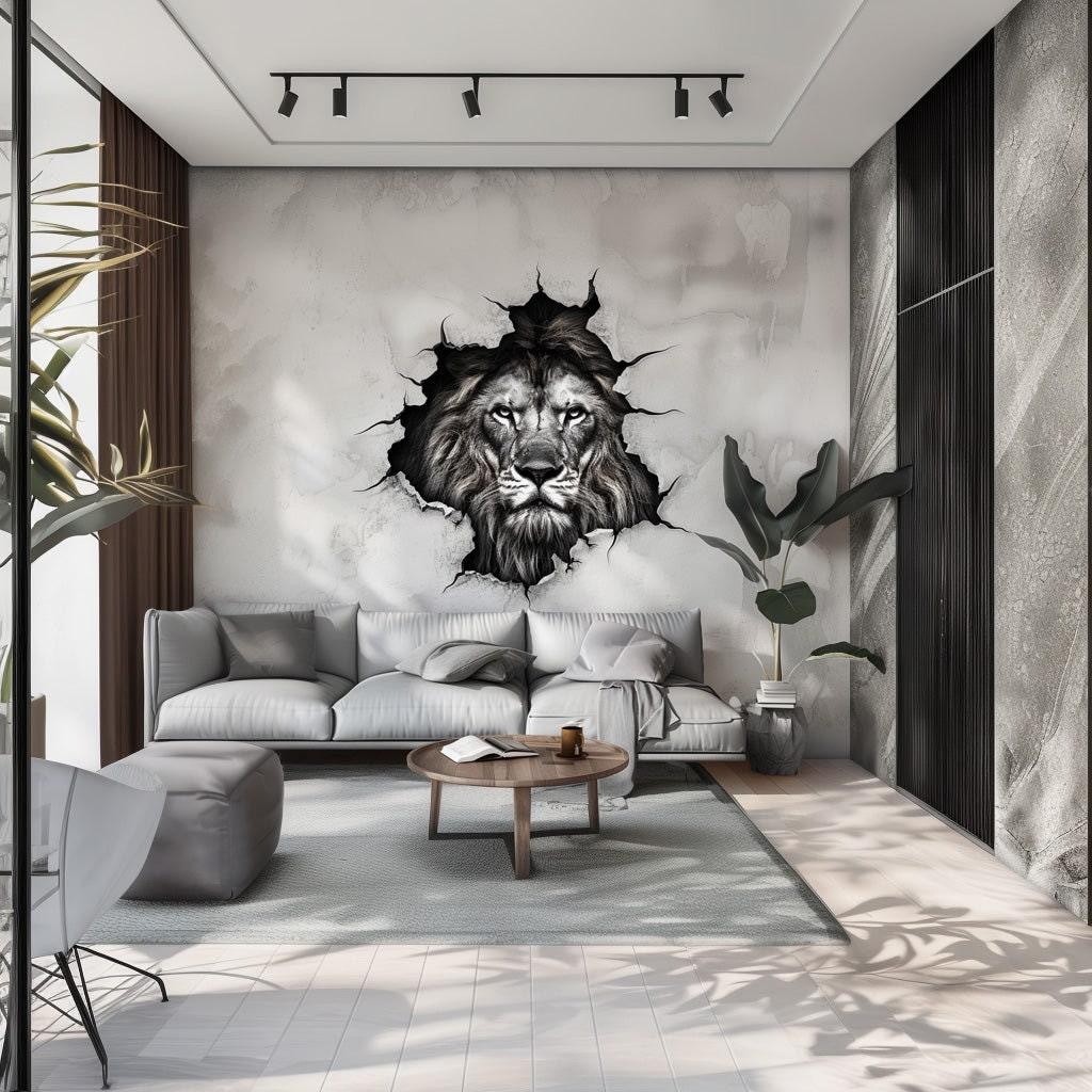 3D lion head wall decal in modern living room, adding elegance and strength to the decor.