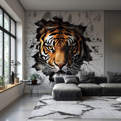 Realistic 3D tiger face wall decal in modern living room, showcasing fierce and majestic design on wall.