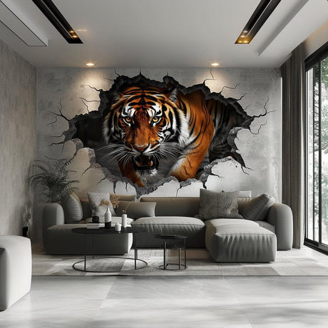 Realistic 3D tiger wall decal breaking through wall, perfect for adding wild elegance to any room.