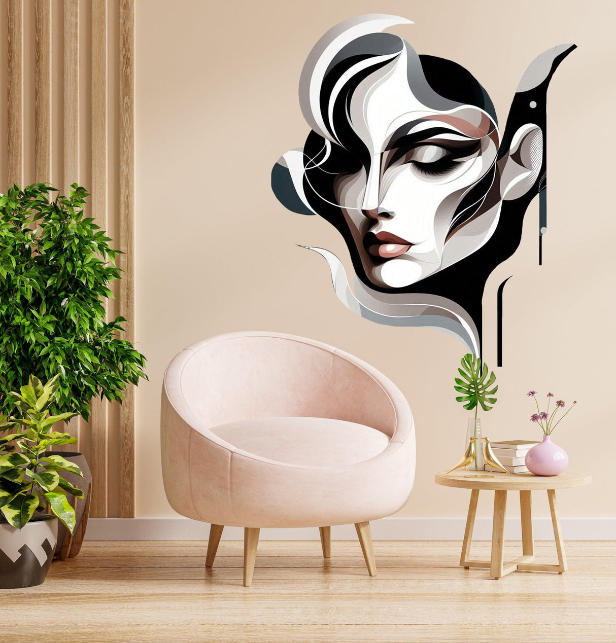 Abstract woman face wall decal sticker in modern geometric art style, enhancing living room decor.