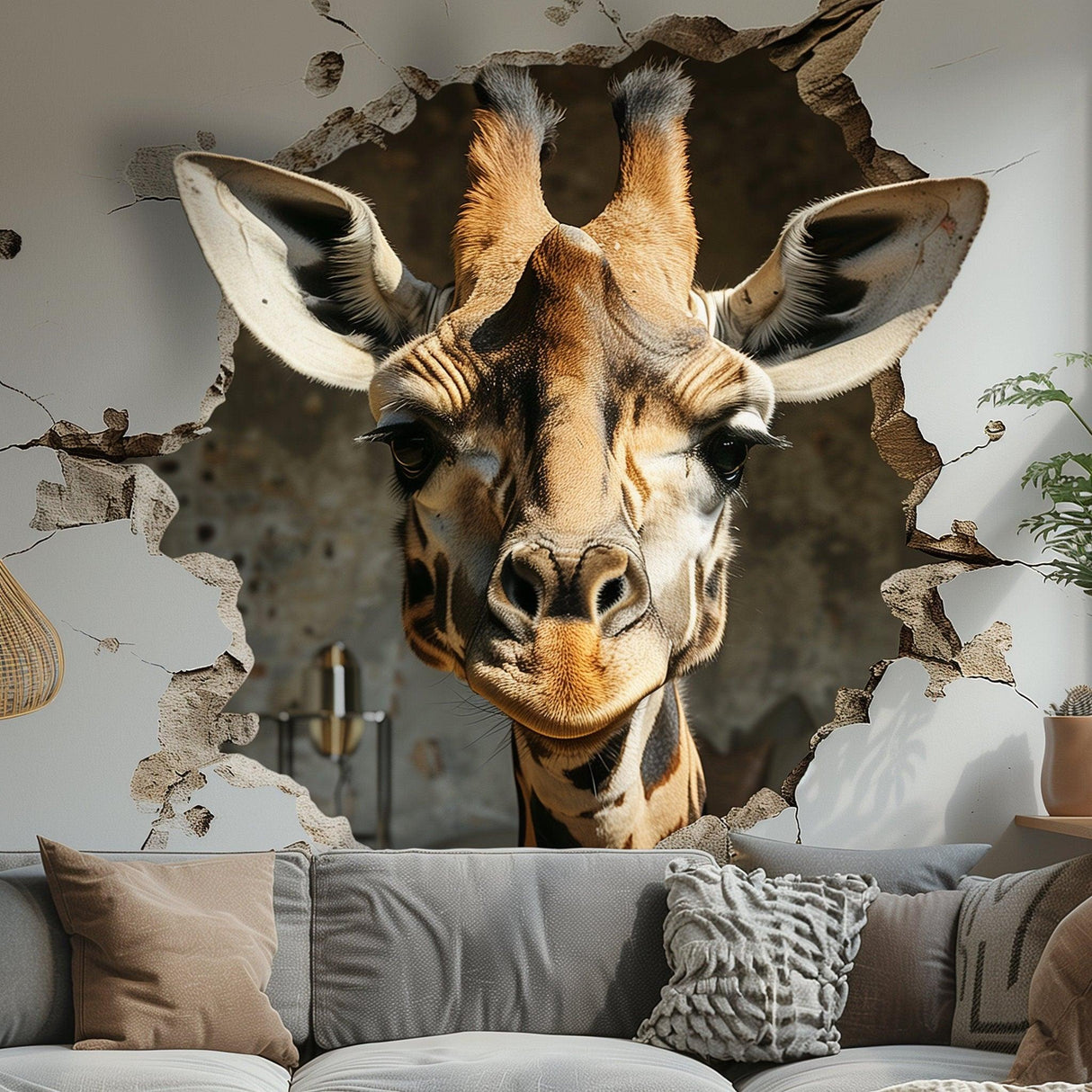 Realistic 3D giraffe head wall decal sticker breaking through wall, adding whimsical safari decor to living space.