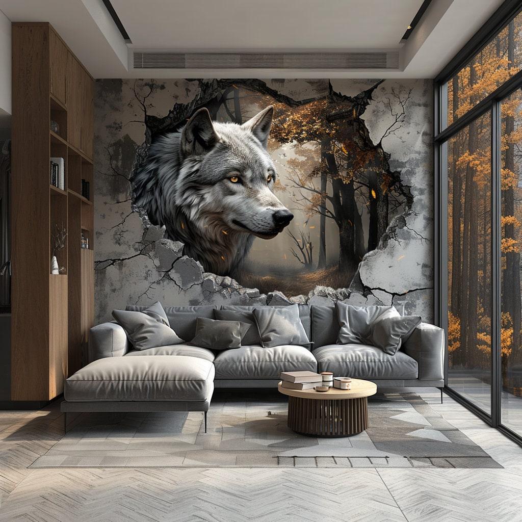 Realistic 3D wolf wall decal sticker breaking through wall in modern living room with forest backdrop.