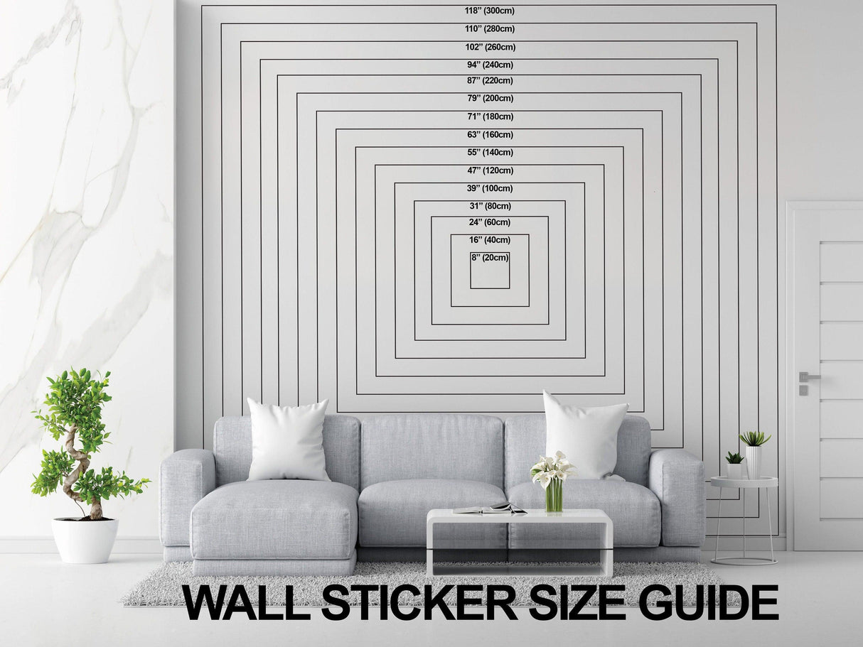 Wall sticker size guide displayed in a modern living room with a gray sofa and decorative plants.