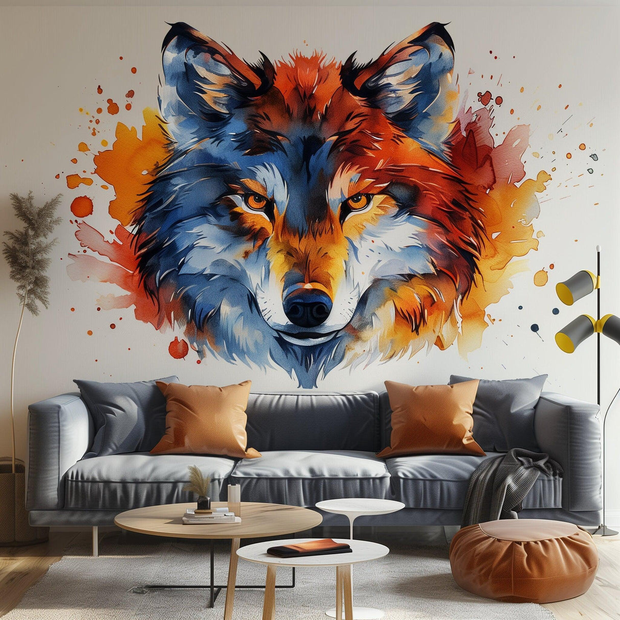 Vibrant watercolor wolf face wall decal sticker in a stylish living room setting with cozy furniture.